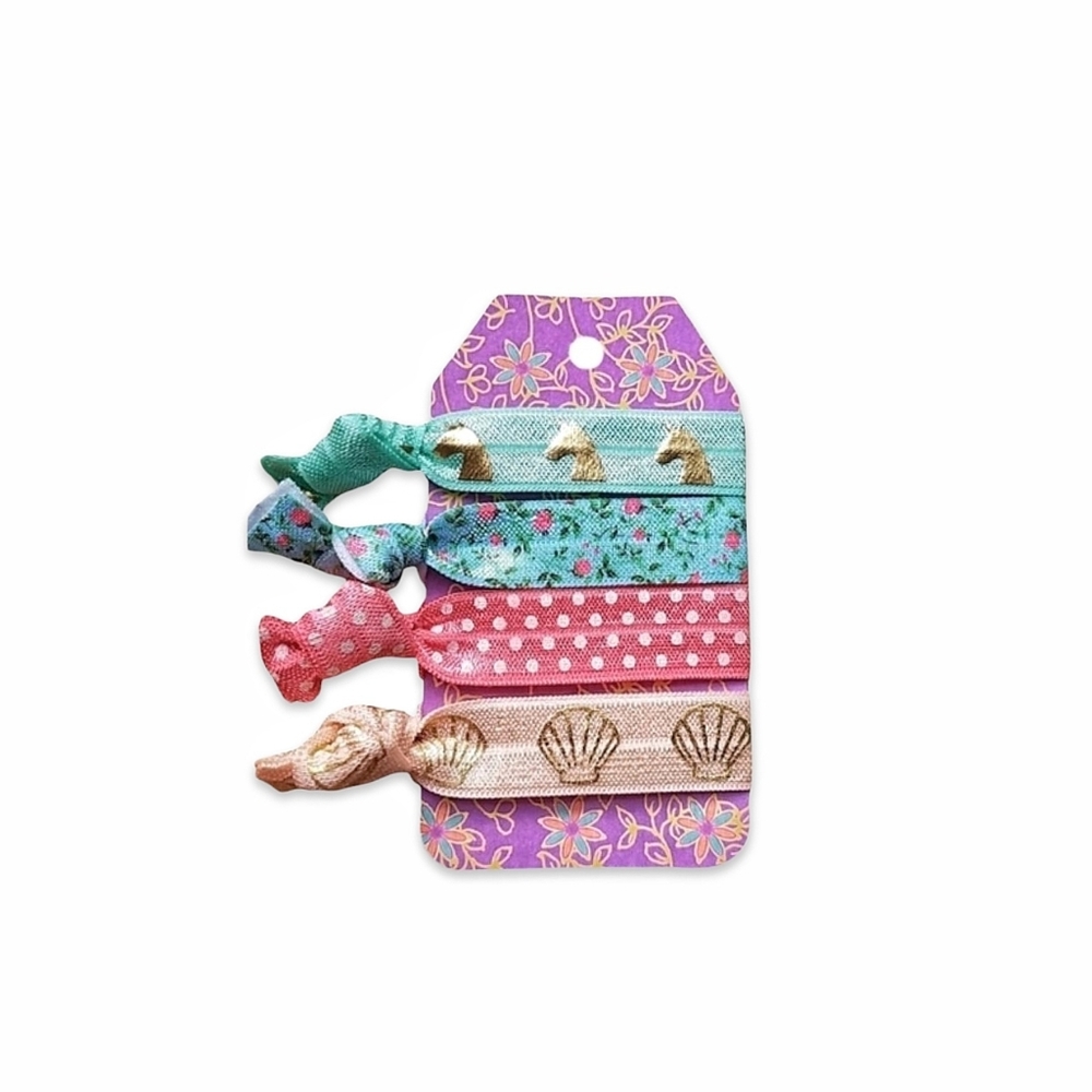 Pink & Aqua Boho 4-Pack Hair Ties Handmade No Crease FOE Elastic Hair Tie Set